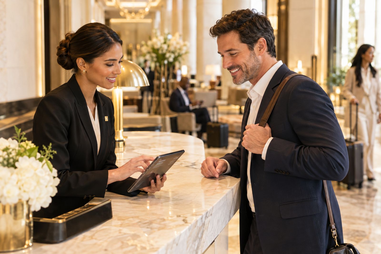 Front desk agent using a tablet while assisting a business traveler