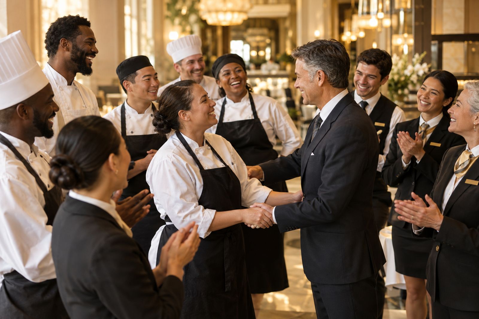 Hotel and restaurant team celebrating together as a manager recognizes an employee