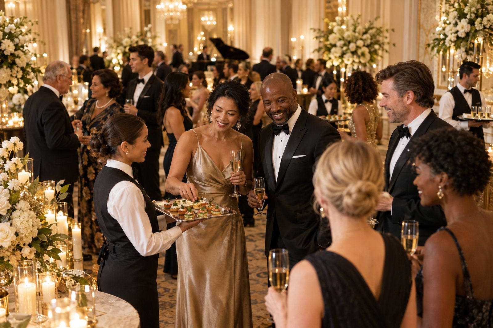 Elegant evening event reception with catering staff serving guests