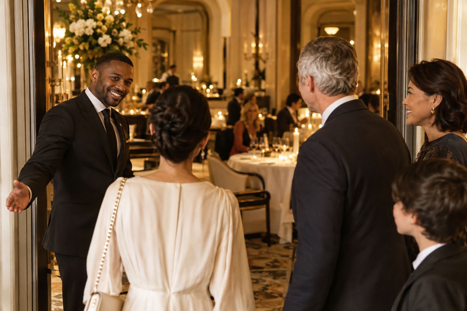 Restaurant host greeting arriving guests at an elegant dining room