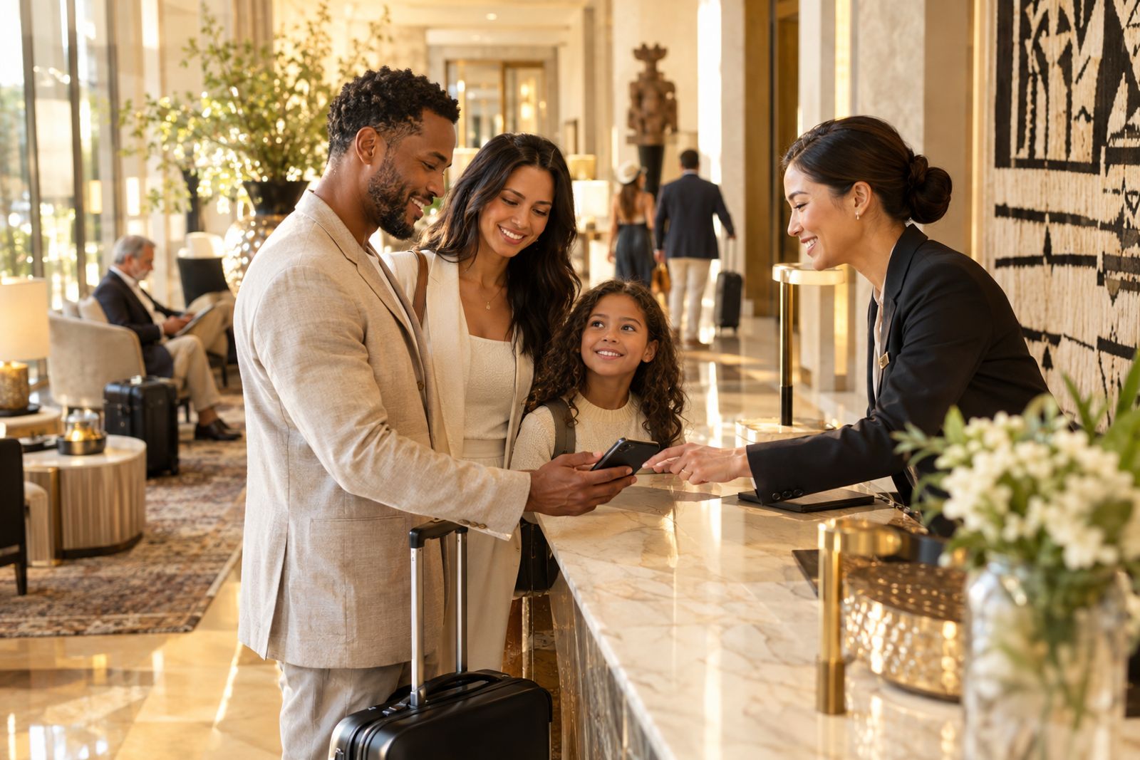 Hotel staff member helping guests with mobile check-in in a boutique lobby