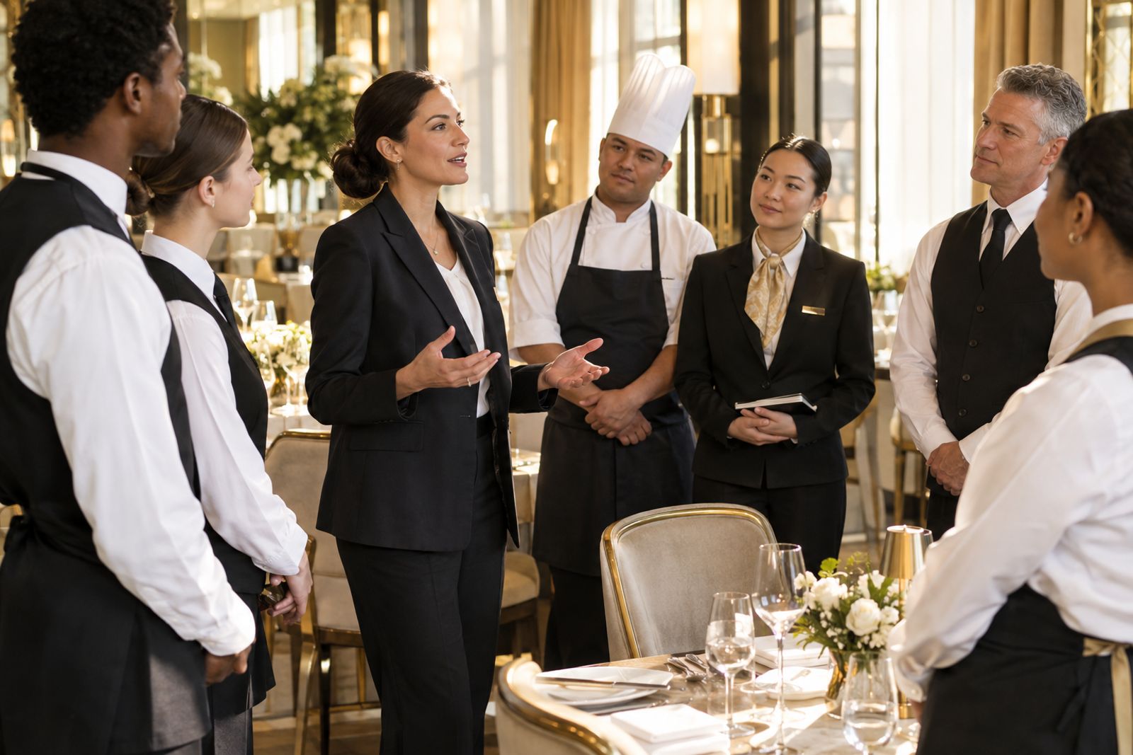 Hospitality leader leading a pre-shift meeting with hotel and restaurant staff
