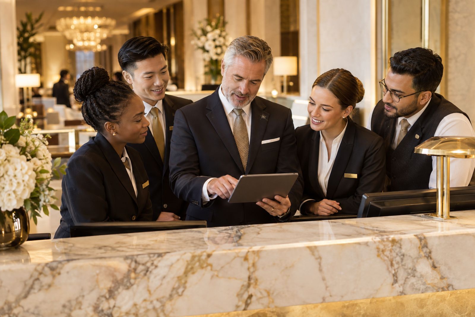 Hotel manager and front desk team reviewing guest feedback together