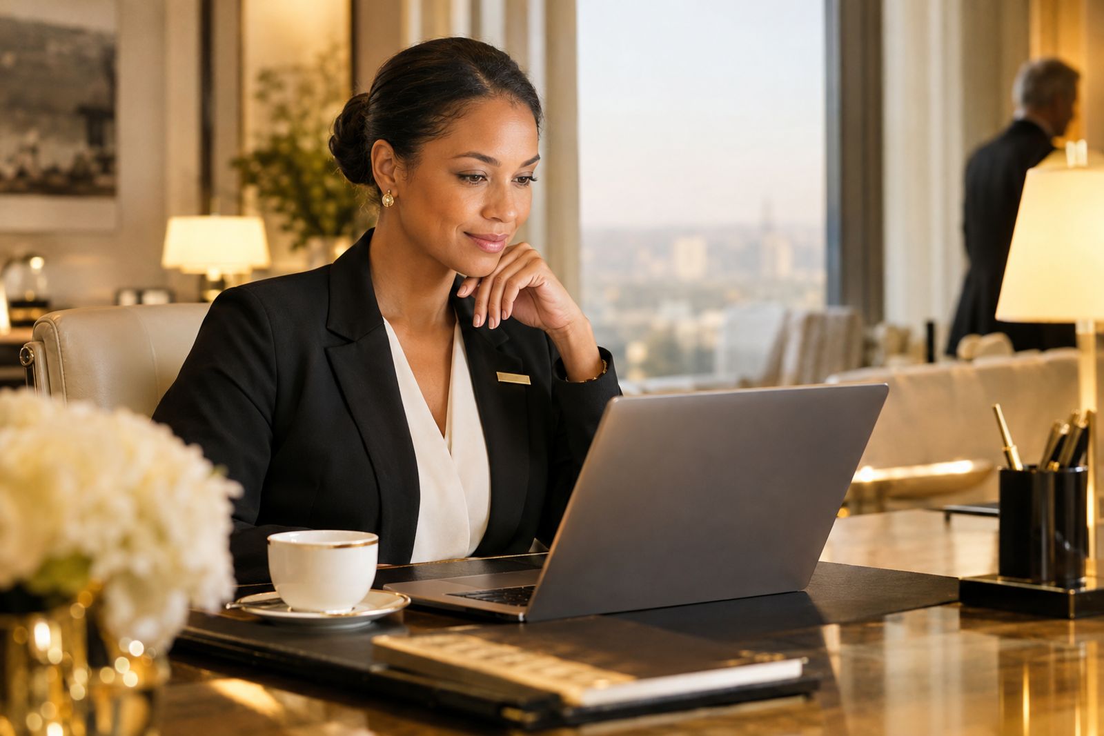 Hotel manager reading guest reviews on a laptop