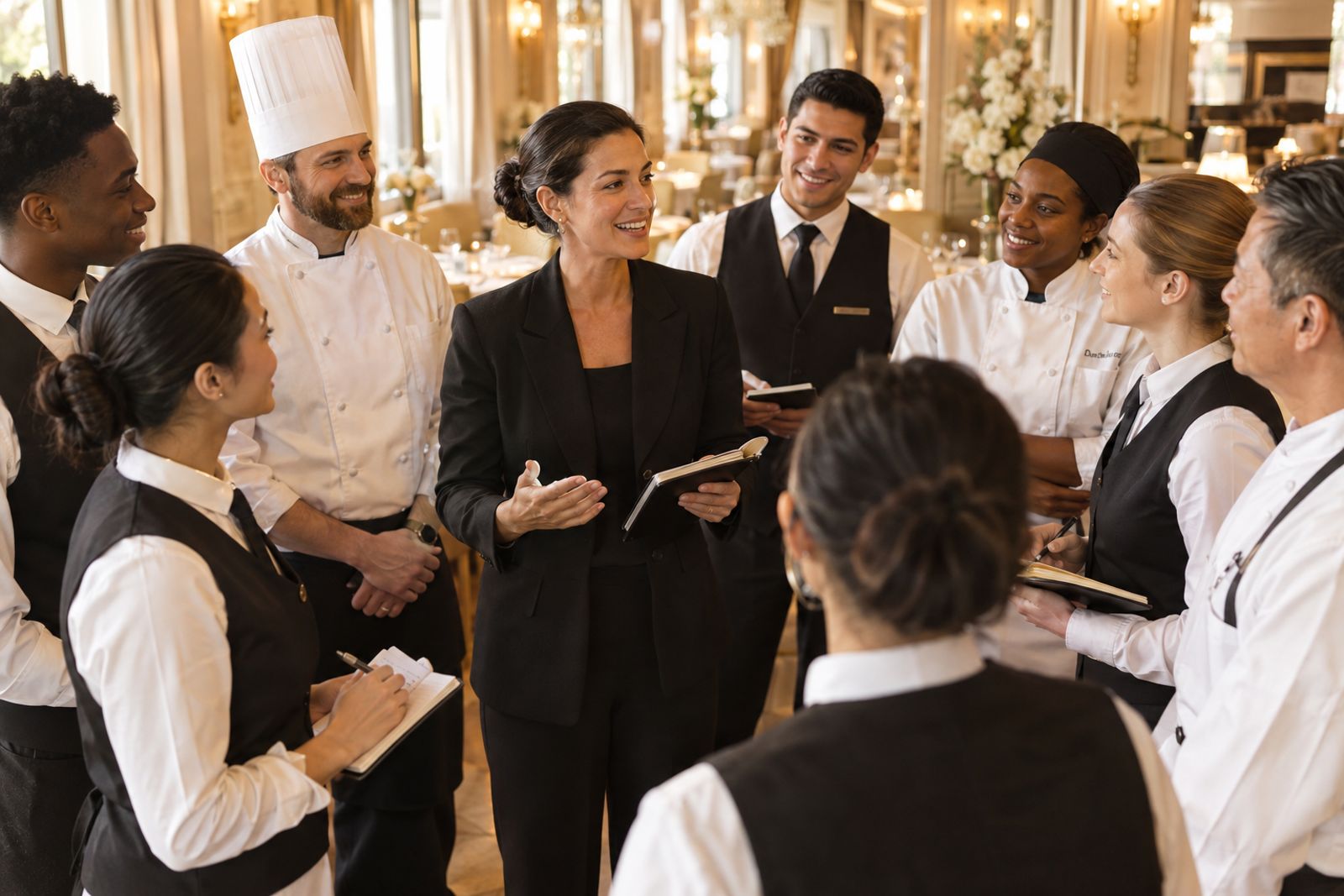 Restaurant manager leading an energized pre-shift huddle with servers and chefs