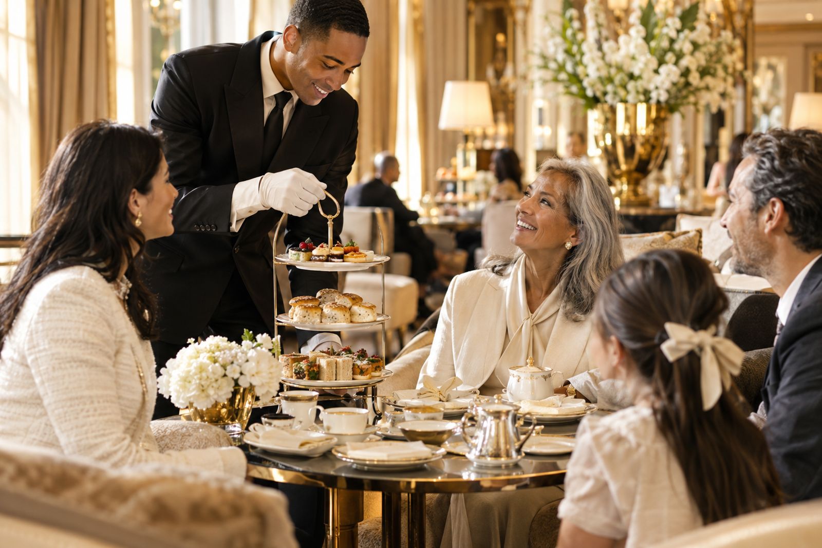 Luxury hotel staff presenting afternoon tea service to guests
