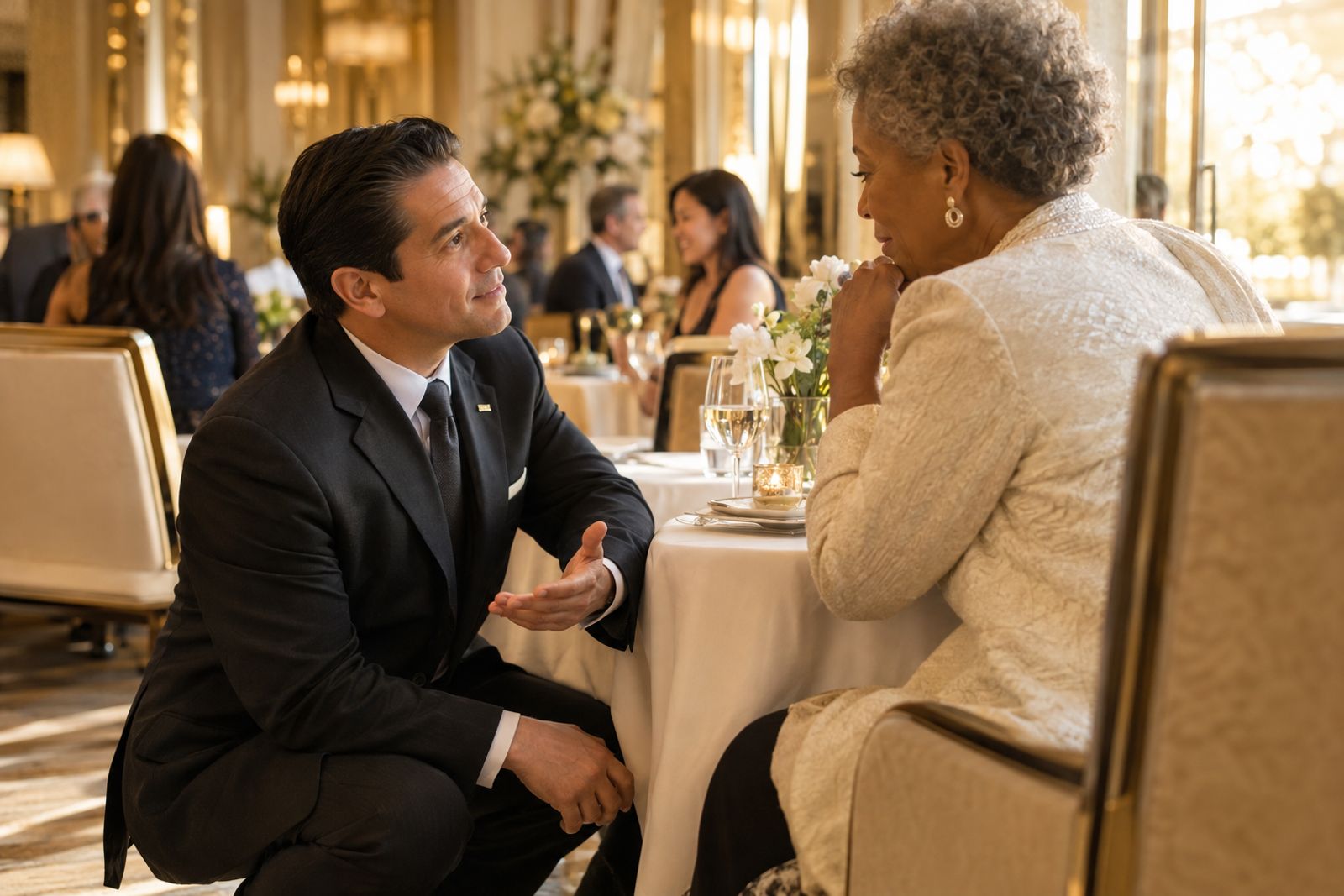 Restaurant manager listening attentively to a guest at her table