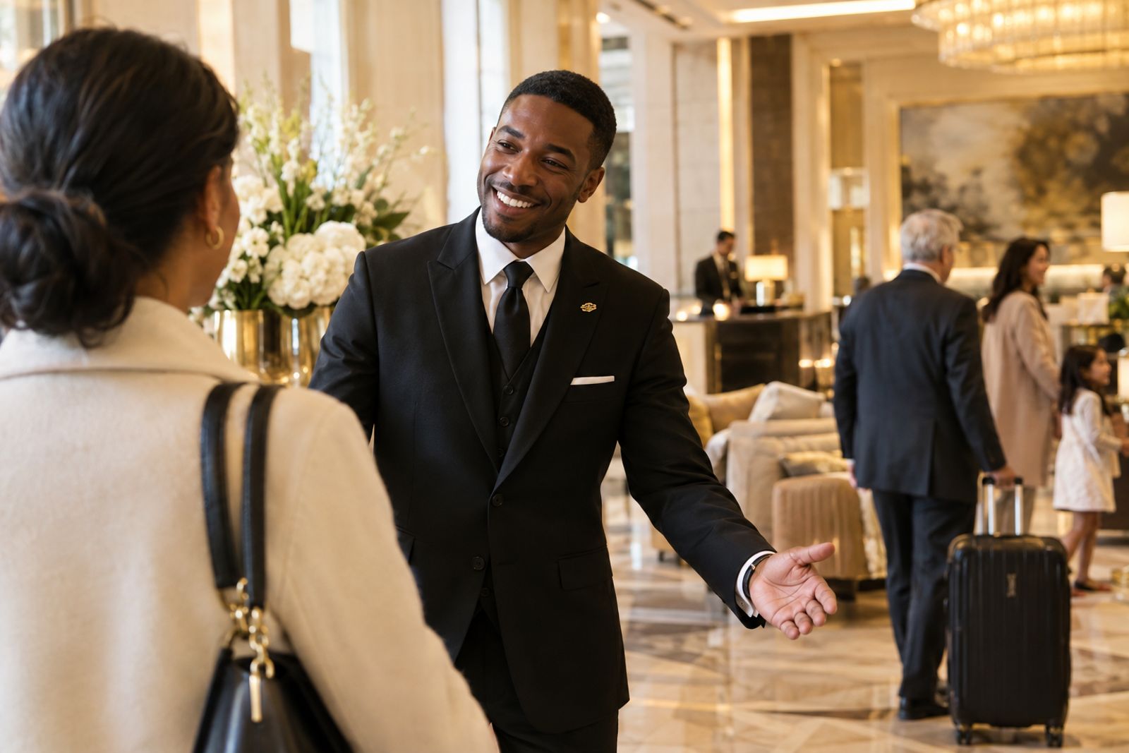 Hotel concierge warmly welcoming a guest in an elegant lobby